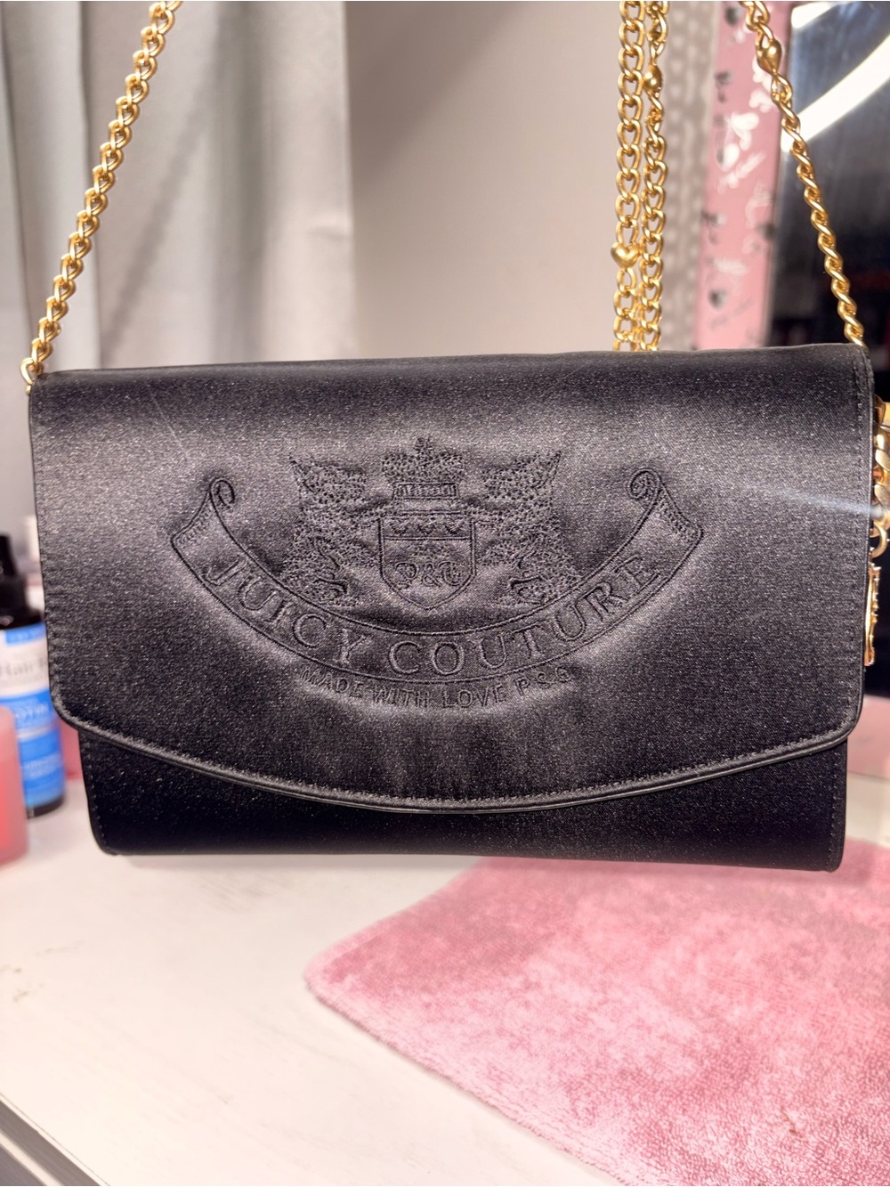 Juicy Couture Black Satin Crossbody with Gold Chain